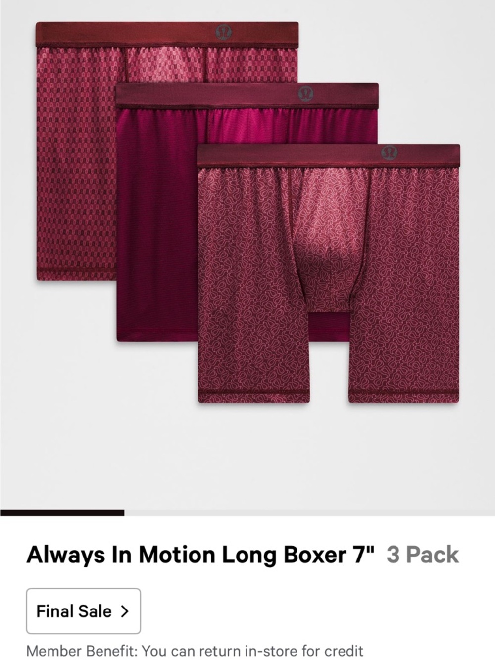 lululemon athletica Men's 3-Pack Long Boxers — Burgundy Mix